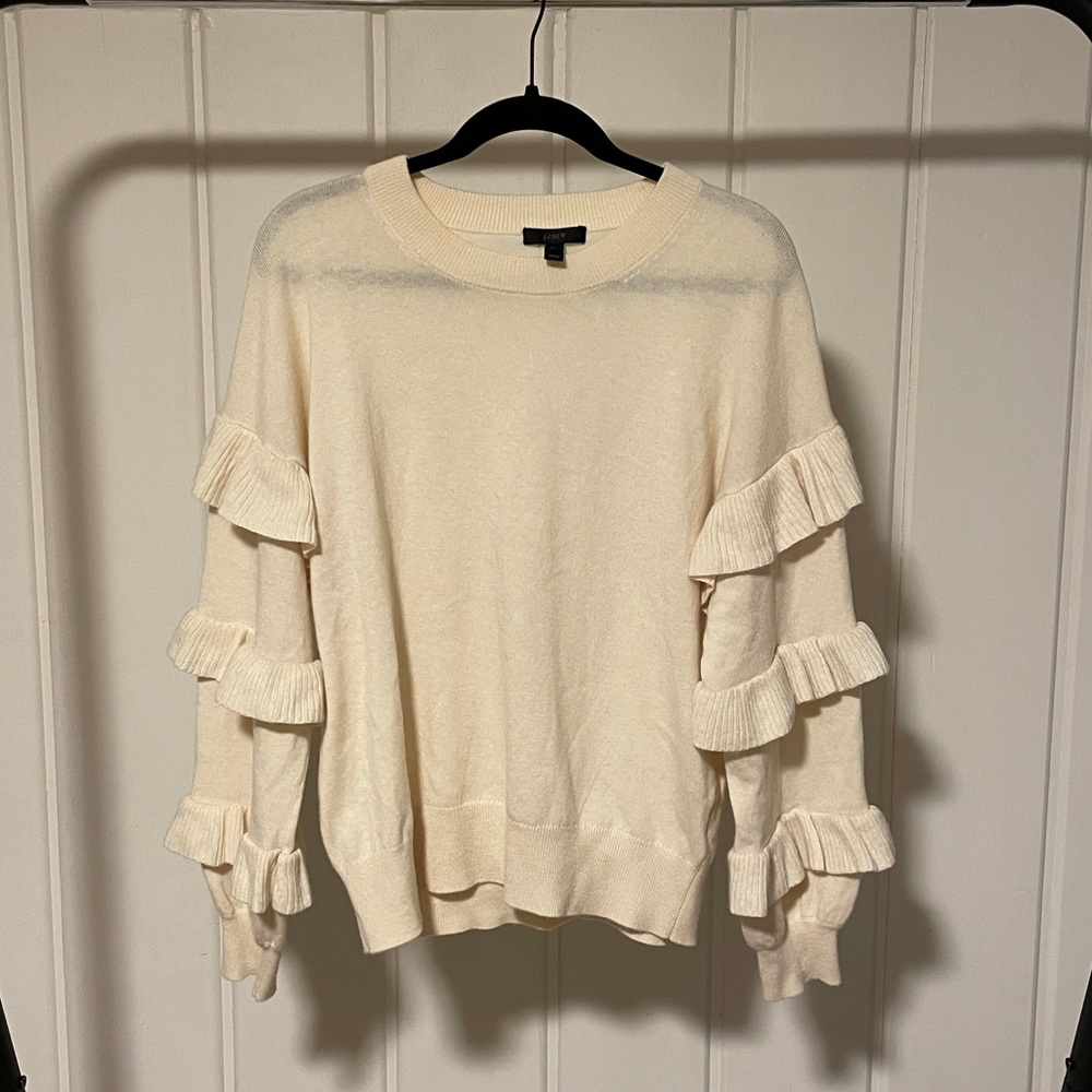 J.Crew Crew Neck Ruffled Sleeve Cream Sweater Size Medium